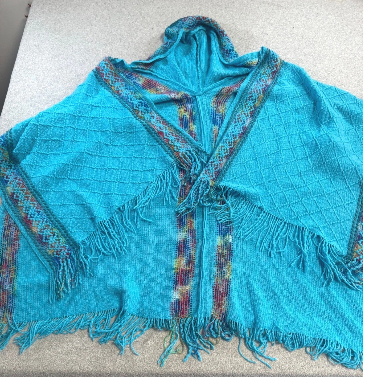 Handmade Boho Hooded Poncho Shawl Turquoise Fringe Artisan Festival Hippie Wrap