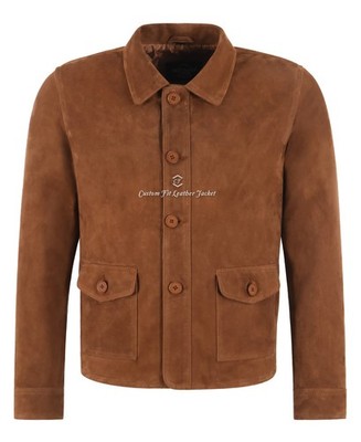 Herren hellbraune Ziegenvelourslederjacke Knopfleiste Utility-Stil mit Box Taschen