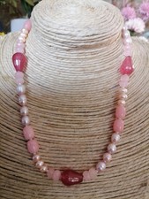 Collana cm 47 perle VERE bianche e rosa quarzo rosa