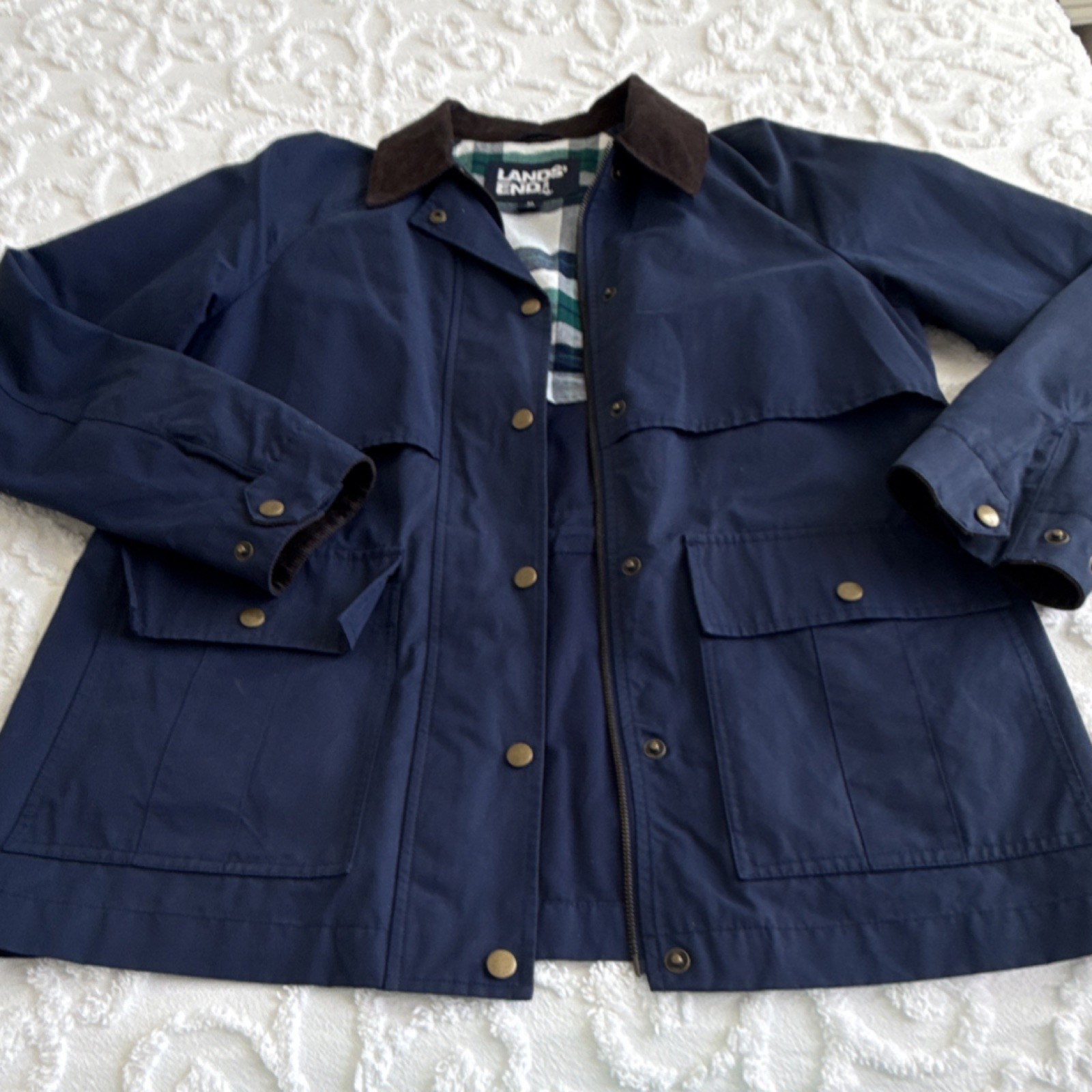 Cotton blend Navy Jacket Corduroy Collar Button Zipper Zipped Pockets Sz M