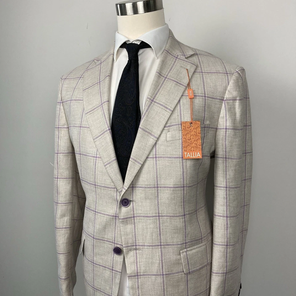 Tallia Men's Slim-Fit Printed Notch-Lapel Sport Coat 44S Natural Plaid E121736 - Image 2 of 4