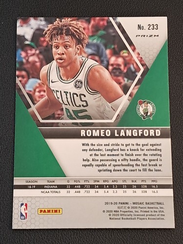 Romeo Langford RC Silver Prizm 2019-20 Panini Mosaic #233 Rookie Card Basket - Foto 2 di 2