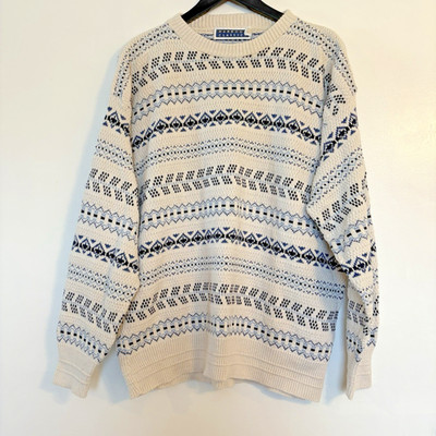 Vintage Harbour Classics Large Cotton Sweater Blue White Coastal Fisherman USA