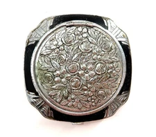 EVANS Art Deco Ladies Powder & Blush Compact Silver & Black Enamel Floral Design