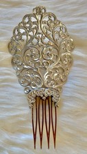 RARE Antique Victorian Sterling Cutwork  Engraving Tortoise Shell Hair Comb