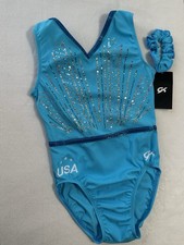 New GK ELITE gymnastics TEAM USA Replica ELEGANCE Blue LEOTARD Sequin Bling AM