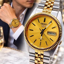 SEIKO 5 7009-3110 Men's Automatic Watch Date 35.8mm Gold Dial Vintage From Japan