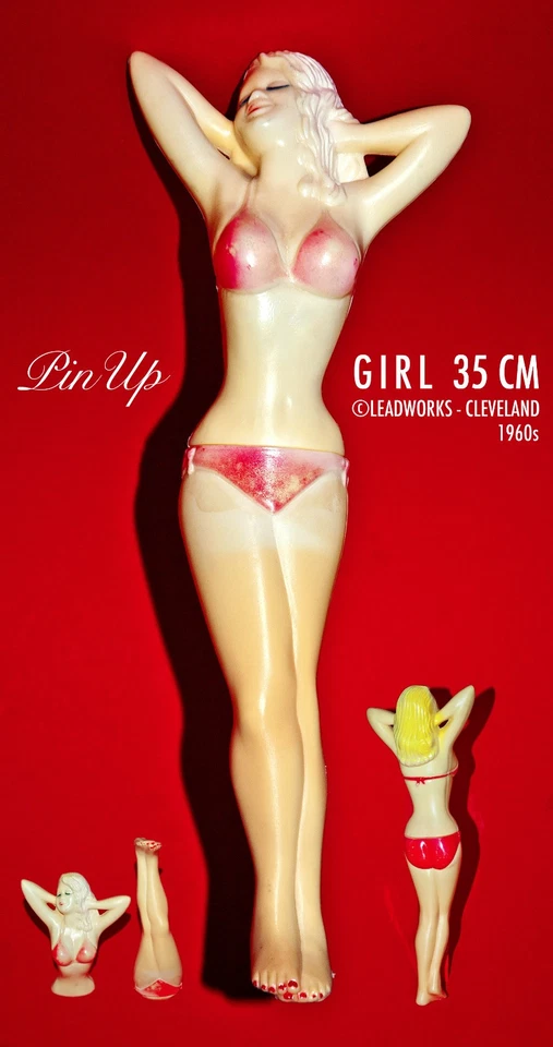 PIN UP GIRL HOHLKÖRPER FIGUR 35 CM © LEADWORKS CLEVELAND MITTIG TEILBAR 1960er