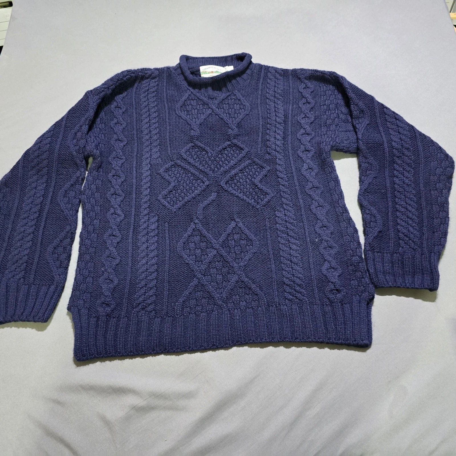 Aran Crafts Sweater Mens Medium Navy Blue Merino Wool Cable Knit Irish Fisherman