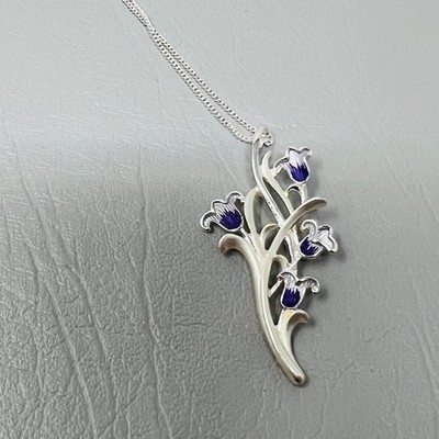 Silver Tone Purple Enamel Necklace Floral Bouquet Pendant Delicate Botanical