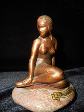 Little Mermaid Souvenir Figure Copenhagen Copper Metal on Natural Stone