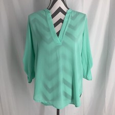 LUSH V-Neck Roll Tab Sleeve Mint Green Pullover Sheer Blouse Women's Small