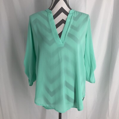 LUSH V-Neck Roll Tab Sleeve Mint Green Pullover Sheer Blouse Women's Small