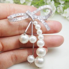 Zircon Crystal Charming Bride Clear Bowknot Fringed Pearl Wedding Brooch Pin