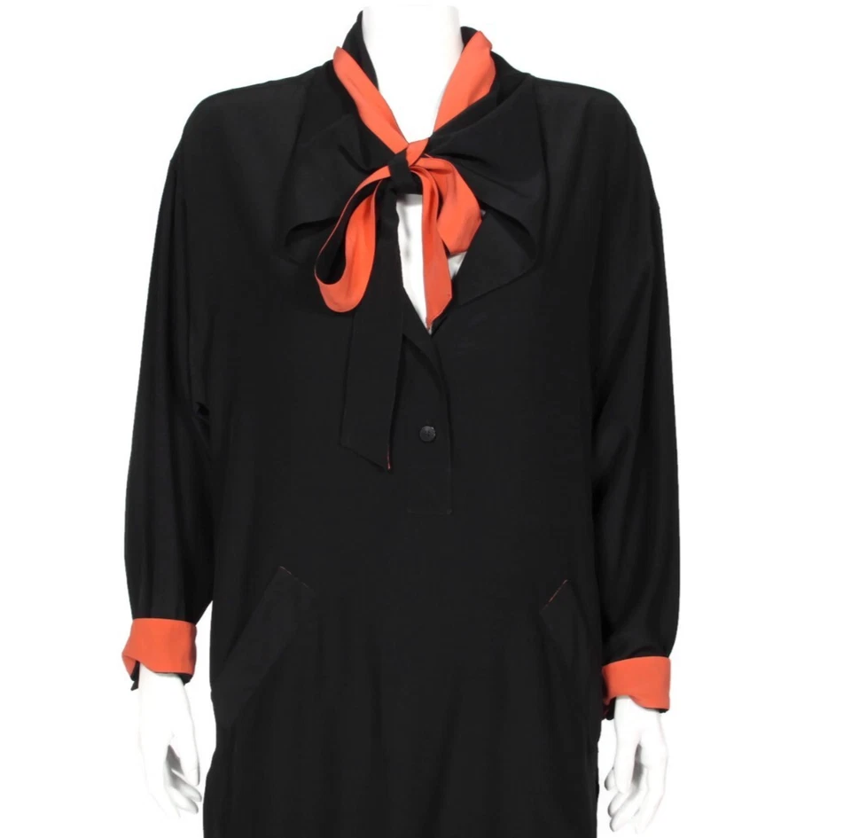 Vtg KARL LAGERFELD 1990s Black Orange Trim Silk Shirt Dress Pussy Bow sz 4 /741 - Image 2 of 4