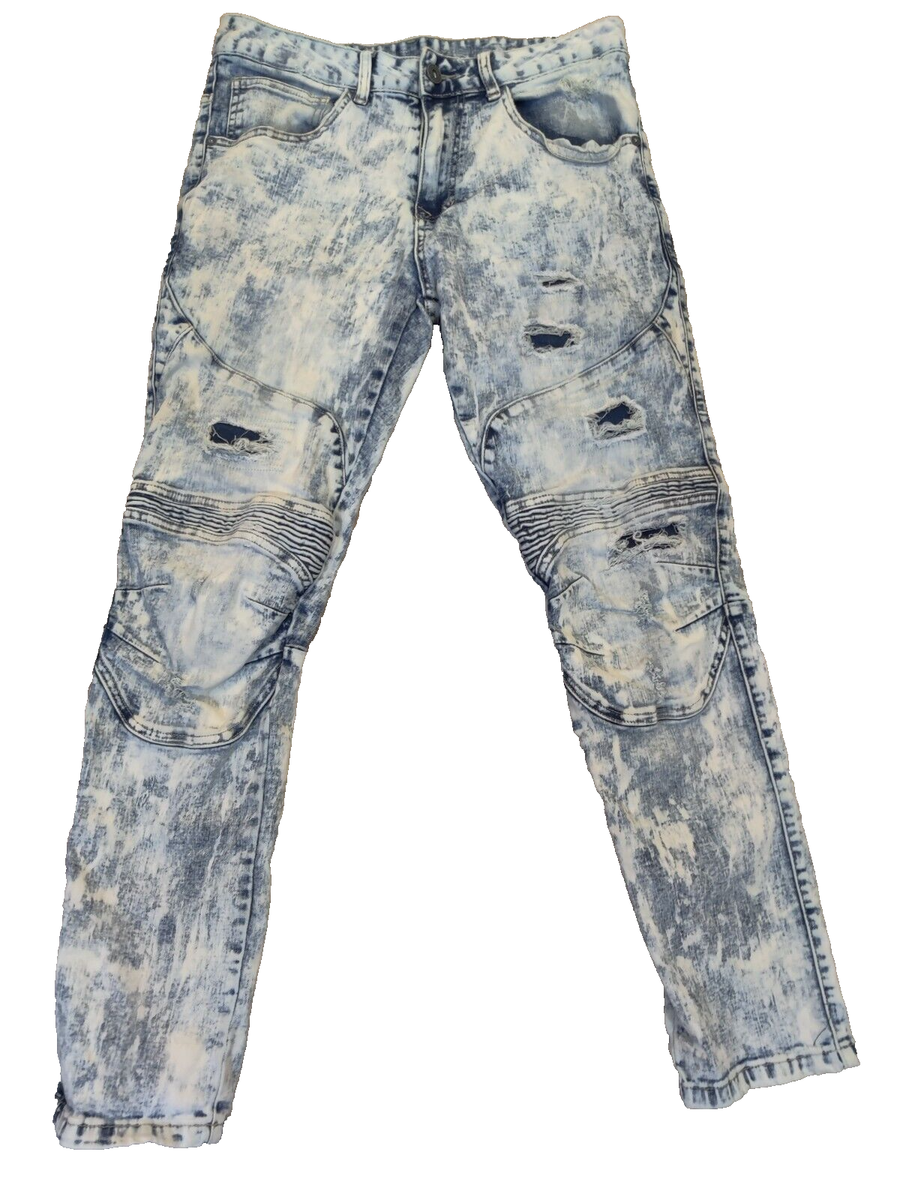 Smoke Rise Men's Jeans RN# 82930 Size 32 X 30 Distressed Acid Wash Blue Zip