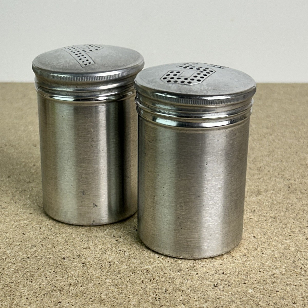 Vintage 1950s Aluminum Salt and Pepper Shakers Brushed Metal