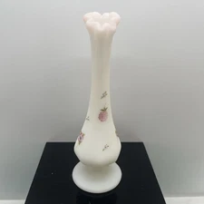 Fenton Bud Vase Floral Signed S. Hart Satin Flowers Vintage 7.5”