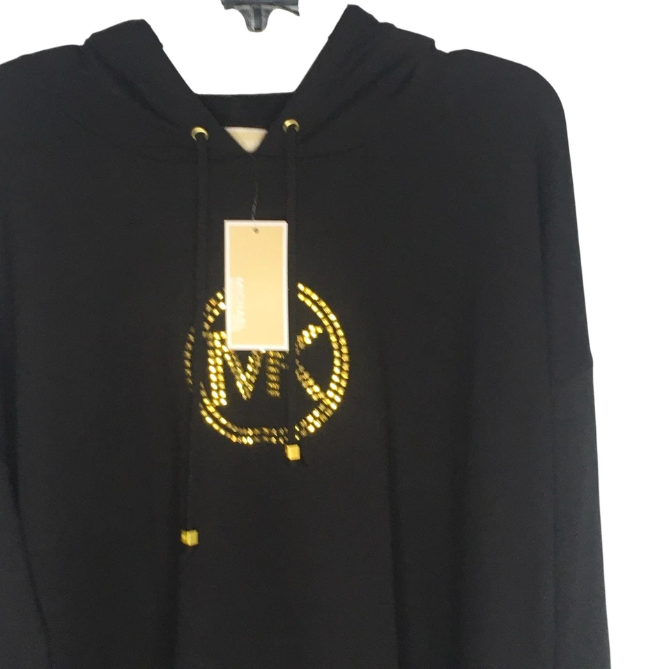 Женская толстовка с капюшоном Michael Michael Kors XL черная MK с золотыми заклепками логотип пуловер топ - Изображение 4 из 4
