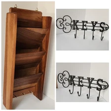 (2pc) Brown Wood Mail Organizer W/Key Hooks. Black Metal Key Hook. Wall Mounted.