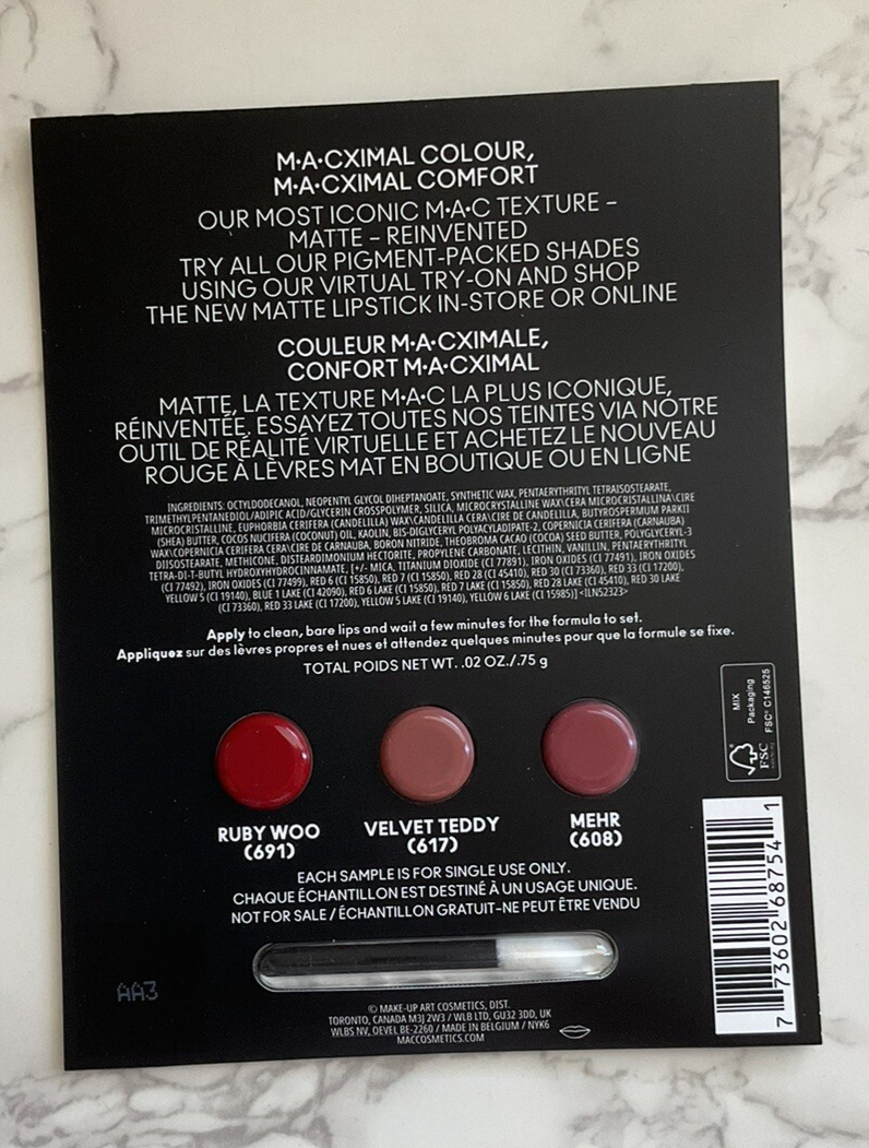 Macさま 3 MAC Macximal Matte Lipstick Sample 3 Shades 691, 617, 608 w