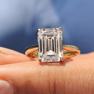 2.37CT Emerald Cut Moissanite Solitaire Engagement Ring 14k Yellow Gold Plated