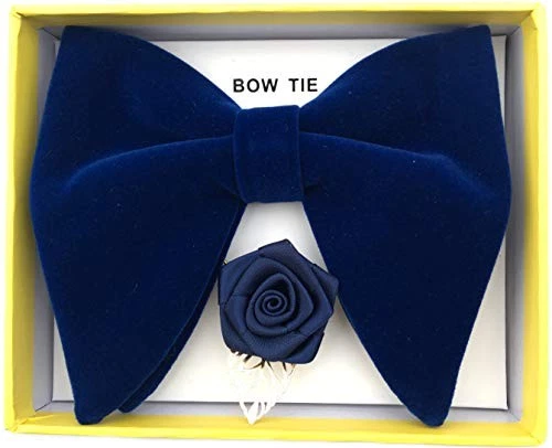 Mens Pre-Tied Oversized Velvet Bow Tie with Flower Lapel Pin Brooch Navy Blue - Imagem 2 de 4