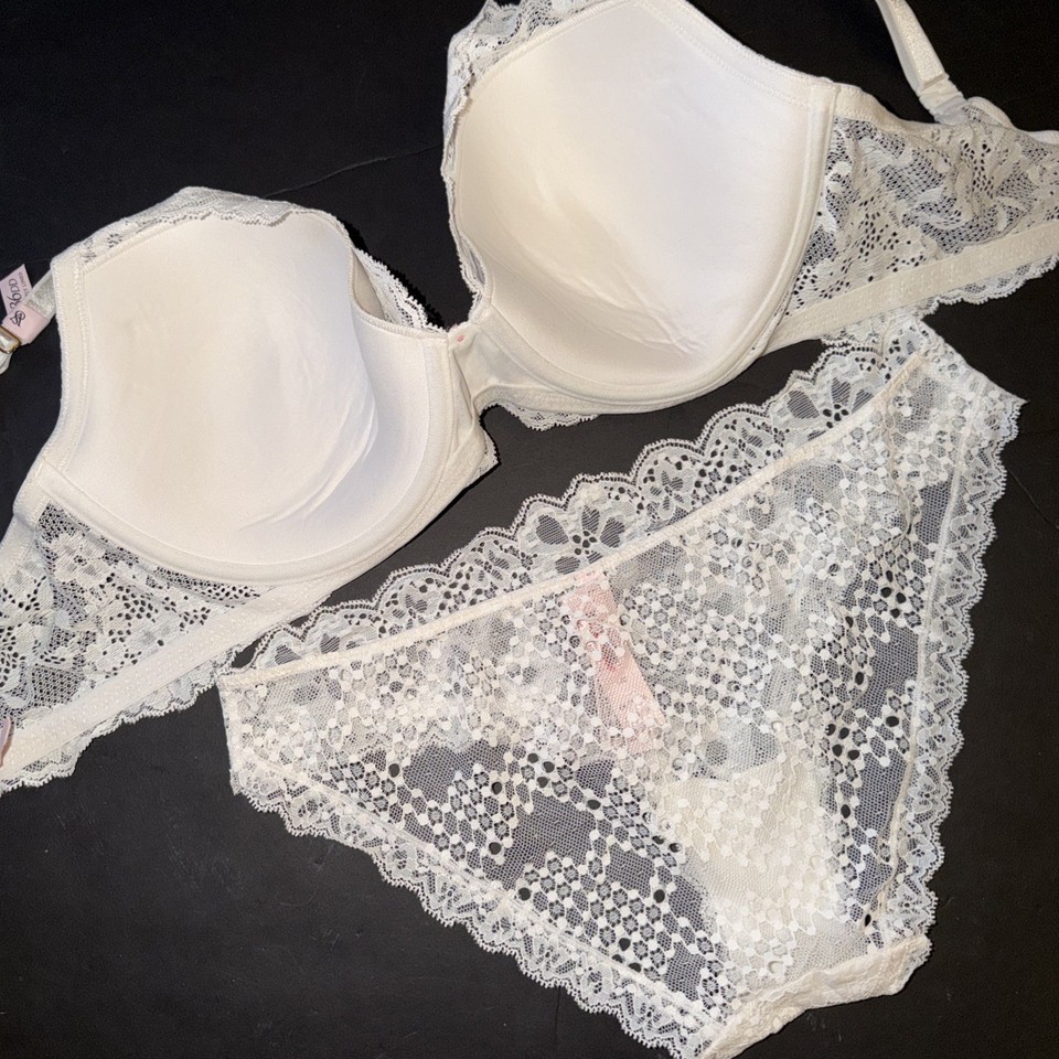 Victoria's Secret 36DD BRA SET L panty Coconut WHITE lace floral Dream ...