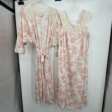 Vtg Eve Stillman Nightgown Robe Set Womens Sz M Pink Floral Lace Peignoir 2 Pc