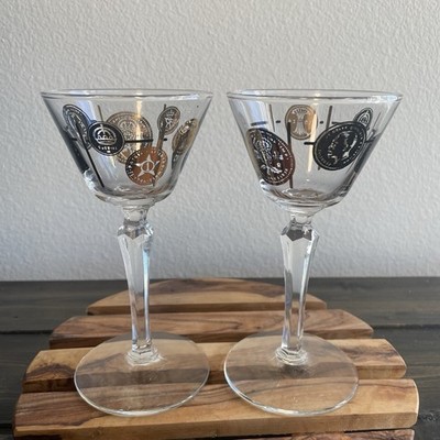 2 Vintage MCM Libbey Gold & Black Coin Cordial Cocktail Glasses