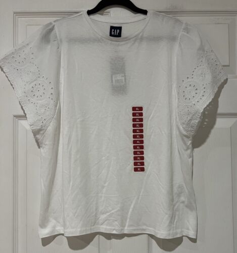 NWT GAP Women's XL Eyelet Flutter Short Sleeve Scoop Neck Shirt Optic White
