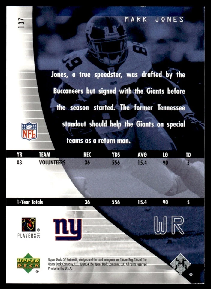 2004 SP Authentic Mark Jones Rookie 0531/1199 New York Giants #137 R19 - Image 2 of 2