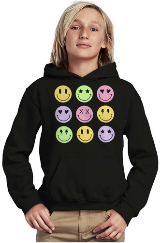 Cool Punk Happy Faces Star Heart X Bolt Eyes Youth Hooded Sweatshirt Boy or Girl - Picture 4 of 7