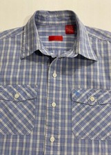 Men's IZOD Short Sleeve Shirt Size S Button Down Blue Plaid Pockets Cotton EUC