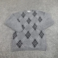 VTG Academia Sweater Womens M Gray Argyle Angora Lambs Wool Pullover Sweatshirt
