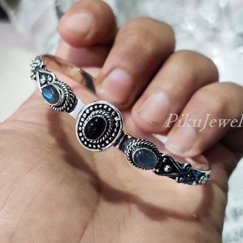 Blue Fire Labradorite & Black Onyx Gemstone 925 Sterling Silver Big Cuff Bangle - Picture 8 of 8
