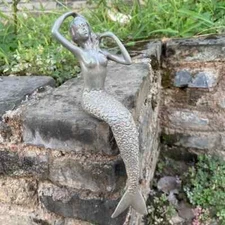 NEW 8" Vintage-Silver-Style Topless Mermaid Sits. Resin Figurine Sculpture 8x2.4