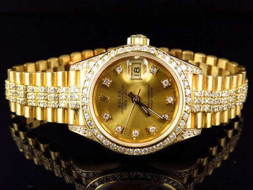 Excellent Ladies 27 MM Rolex President Datejust 18k Yellow Gold Diamond Watch - 第 1/10 張圖片