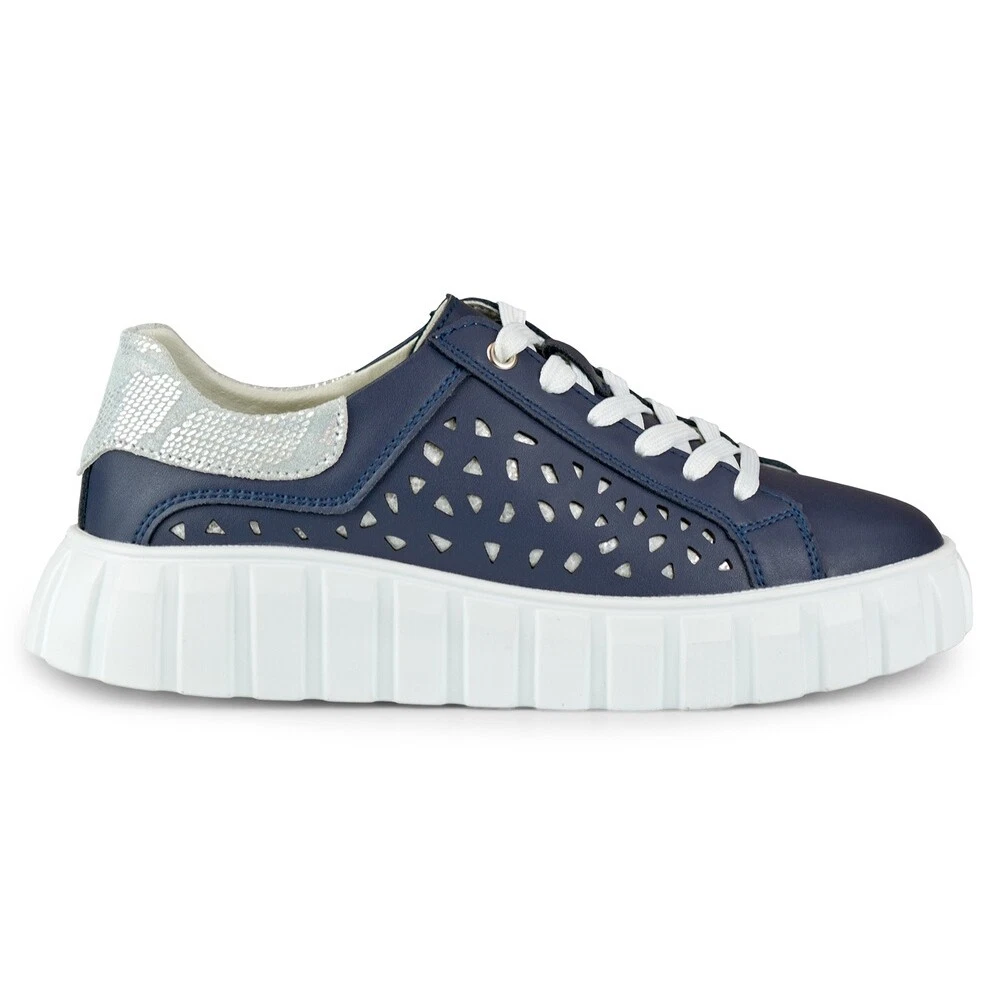 Women s navy blue sports shoes made of genuine leather eBay