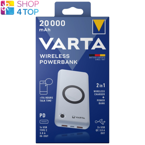VARTA sans Fil Power Bank 57909 20000mAh & Chargeur Port USB Blanc Portable Neuf - Photo 1/4