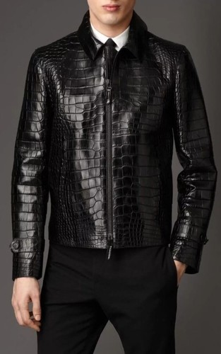 Chaqueta de motociclista de cuero de cordero negra con estampado de cocodrilo para hombre motocicleta invierno hecha a mano - Imagen 3 de 9