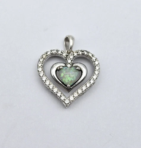 Vintage SUN 925 Sterling Silver Heart Opal Inlay Pave Halo Drop Pendant - 3.0g