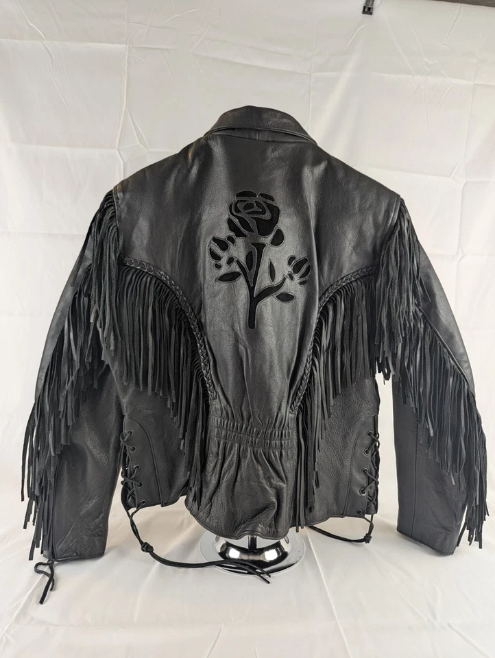Chaqueta de moto de cuero negra UNIK corte rosa borla/flecos talla pequeña para mujer Foto 2 de 3