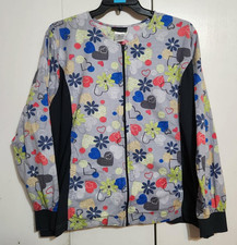 Cherokee Scrub Warm Up Panel Jacket Women's 3XL Zip Up Gray Hearts Flowers 2315C