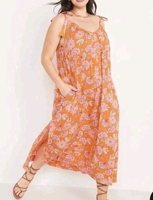 Old Navy Floral Maxi Dress Size XL Orange Pink V-Neck Pockets Beach Boho Resort
