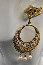Vintage Gold Tone Earrings Filigree Hoop Faux...