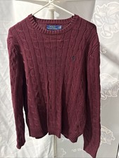 Polo Ralph Lauren Sweater Mens Medium Burgundy Cable Knit Cotton Crewneck Pony