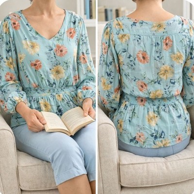 Philosophy Women s Floral V-Neck Blouse Size M Green Elastic Waist