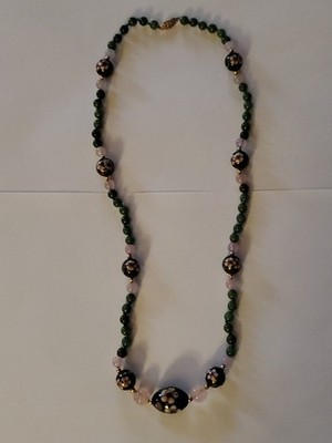Jewelry Necklace Cloisonne VTG 1'' Bead Natural Rose Quartz And Nephrite Jade 