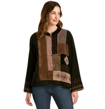 Chicos Velvet Patchwork Jacket 2 Large 100% Silk Embroidered Mixed Media Button